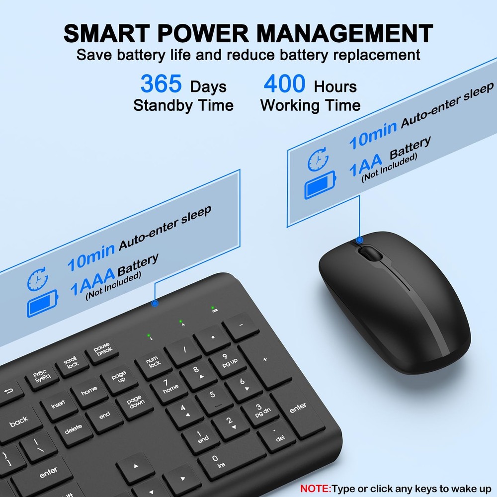 Wireless Keyboard and Mouse Combo, Full-Size Silent Ergonomic Keyboard and Optic