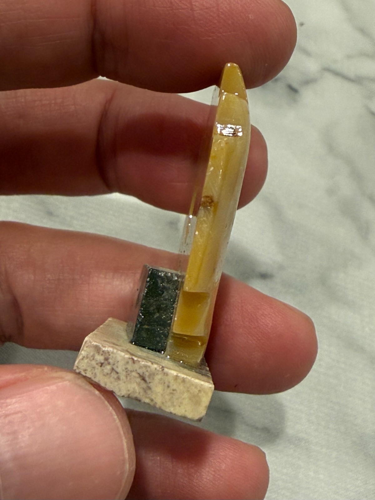 Vintage Small Yellow Stone Carving Chakana Inca Cross on Stand