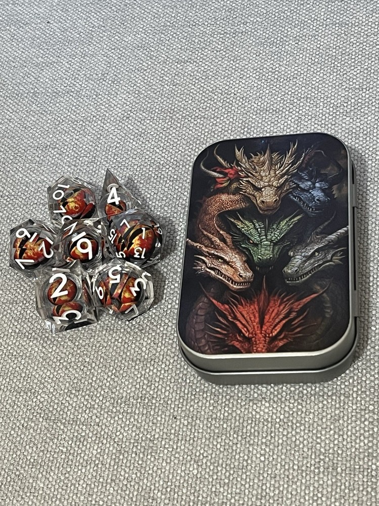 D&D Dice Dragon Eye In Liquid Core. Clear 7pcs Sharp Dice Set W/ Tiamat Case.