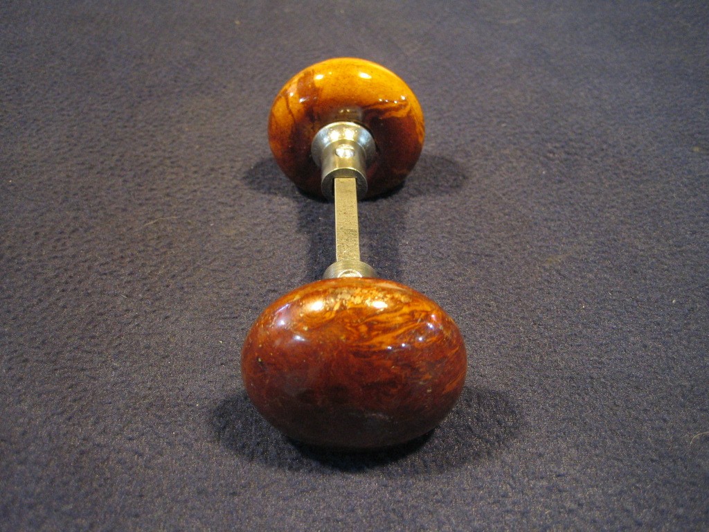 Pair Antique Brown Marble Swirl Tiger Eye Bennington Porcelain Door Knobs 1890's