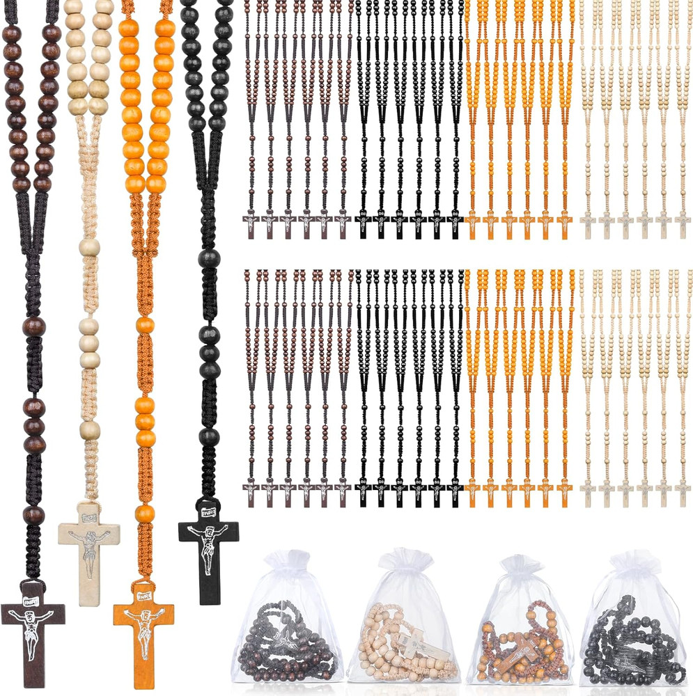 48 Pcs Wooden Rosary Beads Necklace, Catholic Rosary with Jesus Cross First Comm