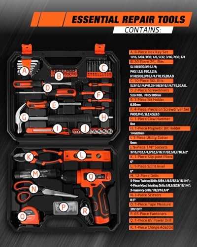 139-Piece Tool Set - Tool Kit with 8V Cordless Drill Driver in ToolBox Orange