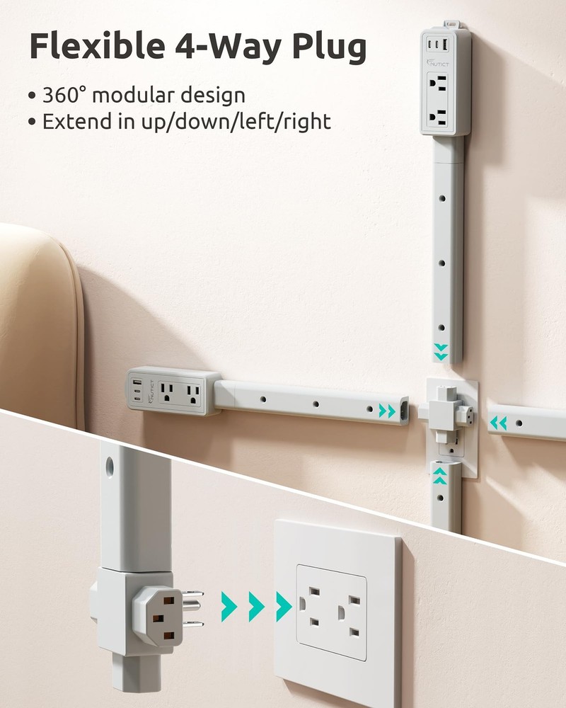 NUTICT Electrical Outlet Extender Stick, 2 AC Outlets & 2 USB-C & large, Grey