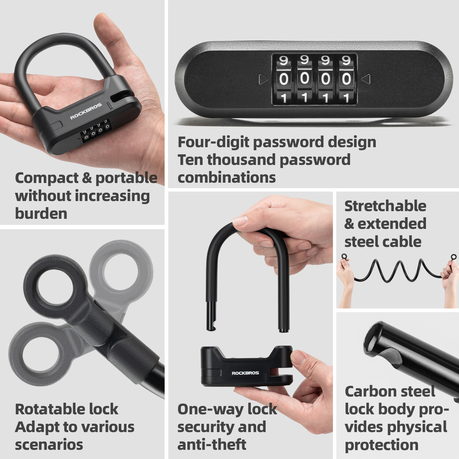 ROCKBROS Scooter Lock Compact Portable Combination Lock Carbon Steel with Cable