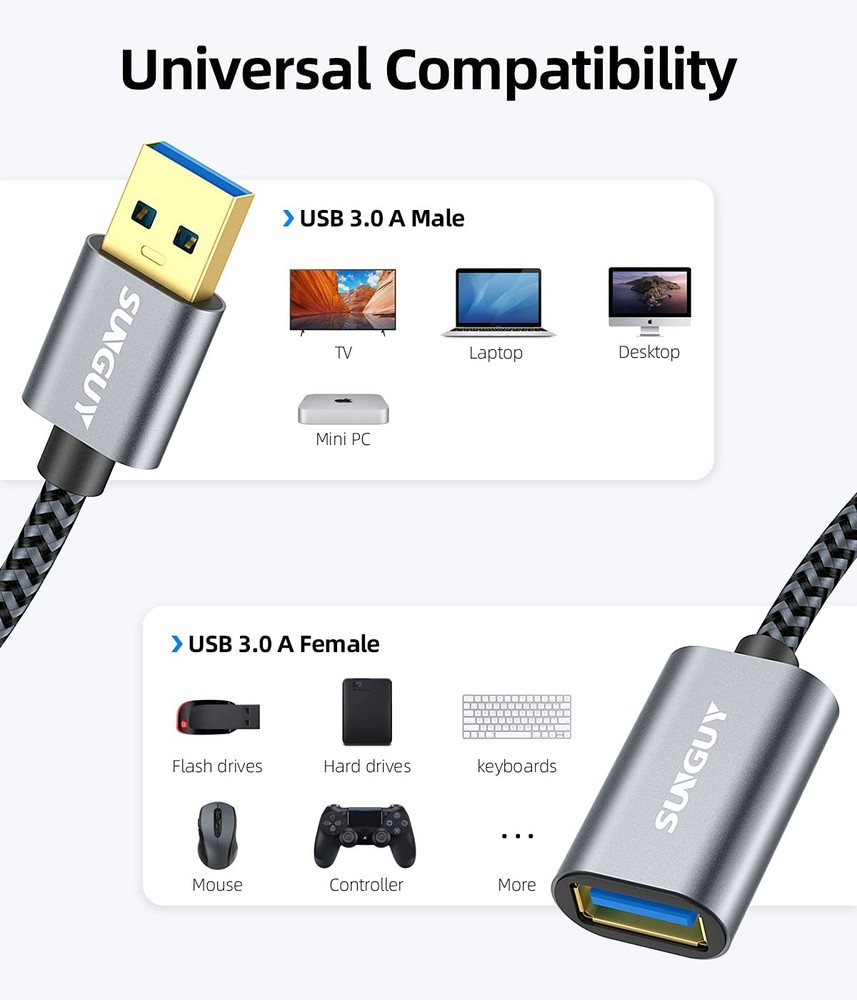 SUNGUY 5Gbps USB Extension Cable, 5FT High Speed USB 3.0 Extension Cable Type A