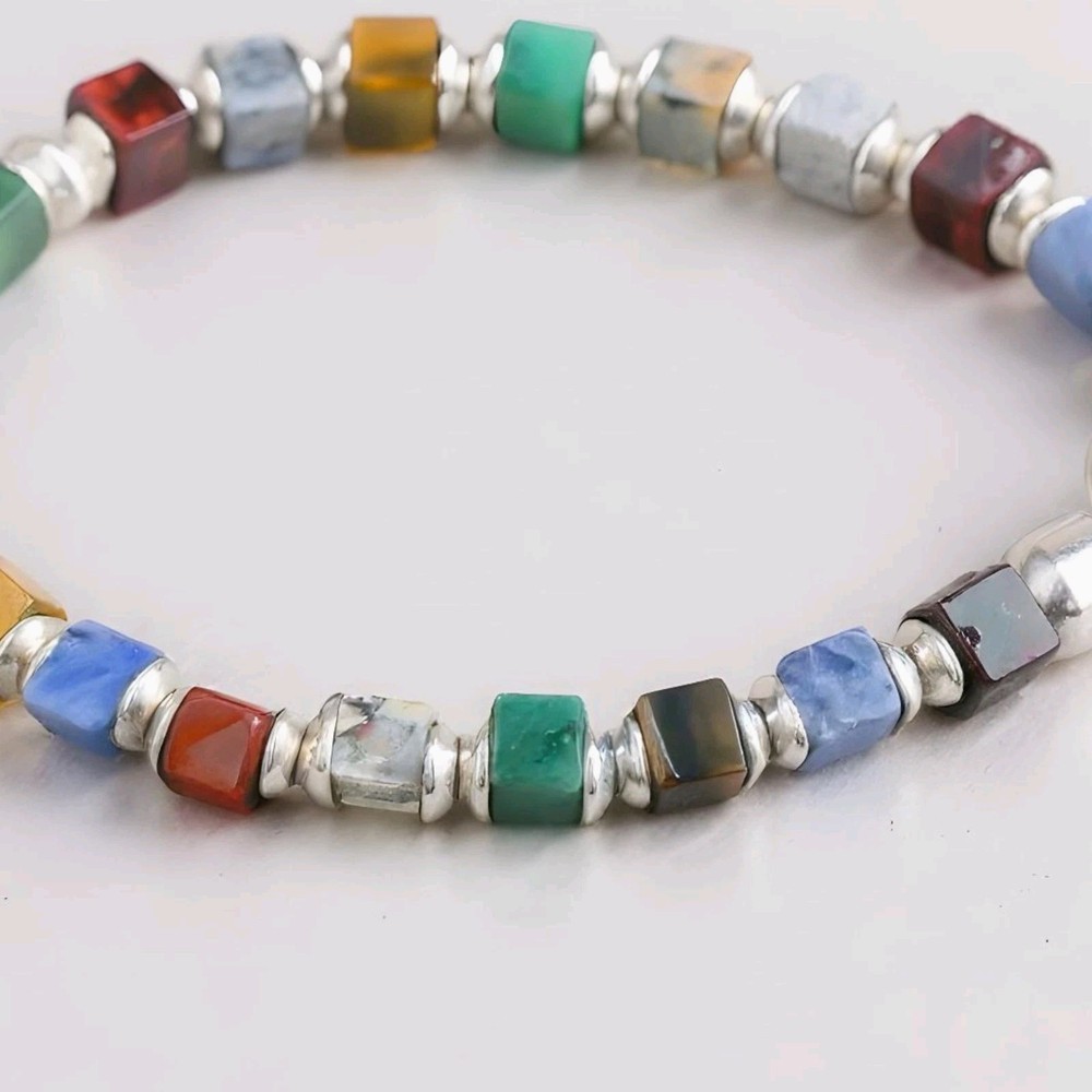 Silpada Sterling Silver Multi-Gemstone Cube Bead Bracelet 7.75" Toggle B0817