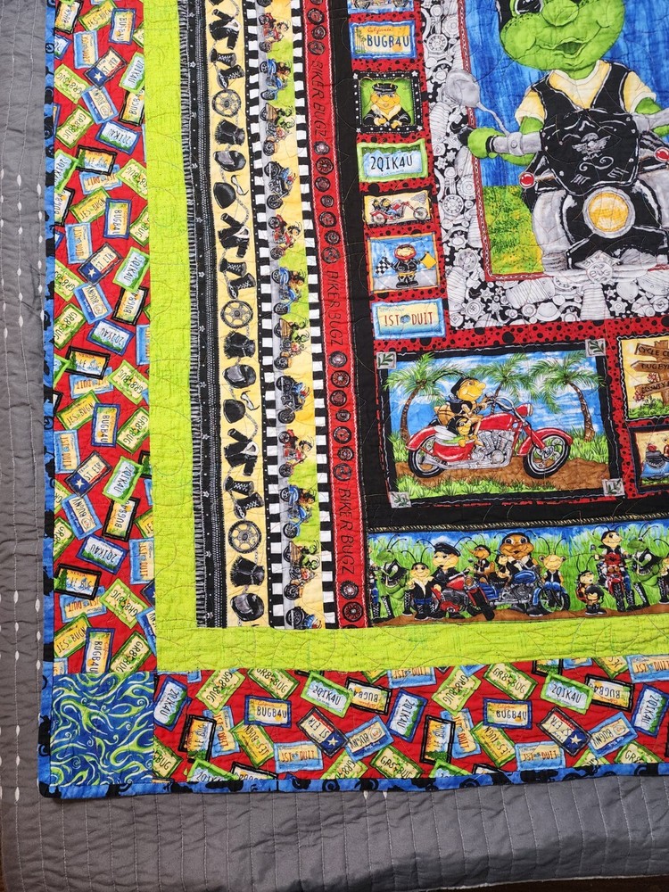 Vintage Motorcycle Biker Bugz Patchwork Reversible Quilt Throw 51" x 60"