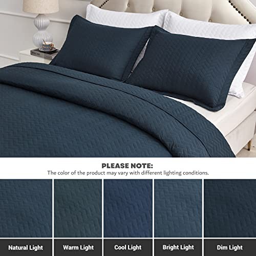 Quilt Set Queen Size, Lightweight Navy Bedspread Ultrasonic Chevron Pattern