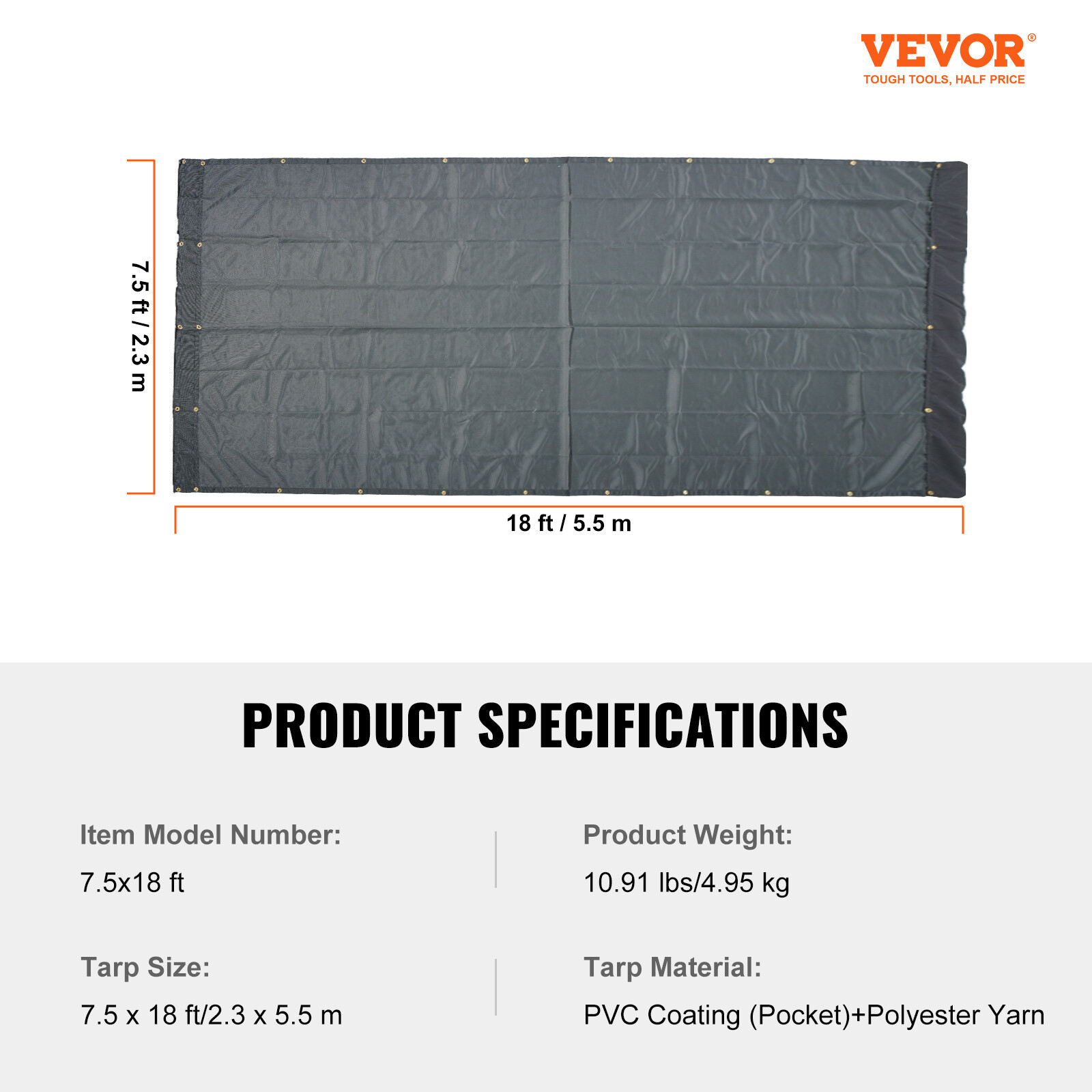 VEVOR Dump Truck Tarp Mesh Tarp 7.5 x 18 ft PVC 18oz Double Pocket Trailer Shade