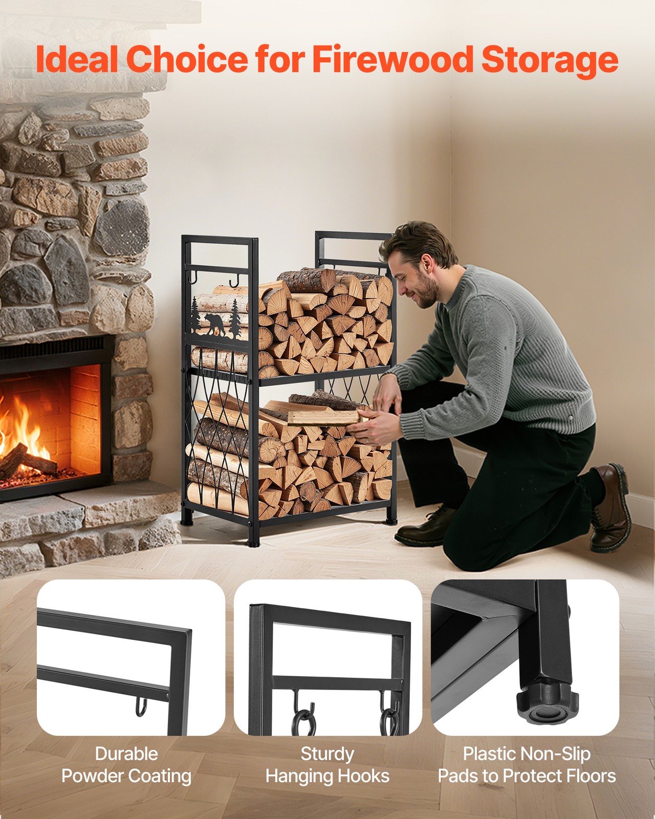 VEVOR 2 Tier Indoor Firewood Rack with Fireplace Tools 1.3 ft Log Wood Holder