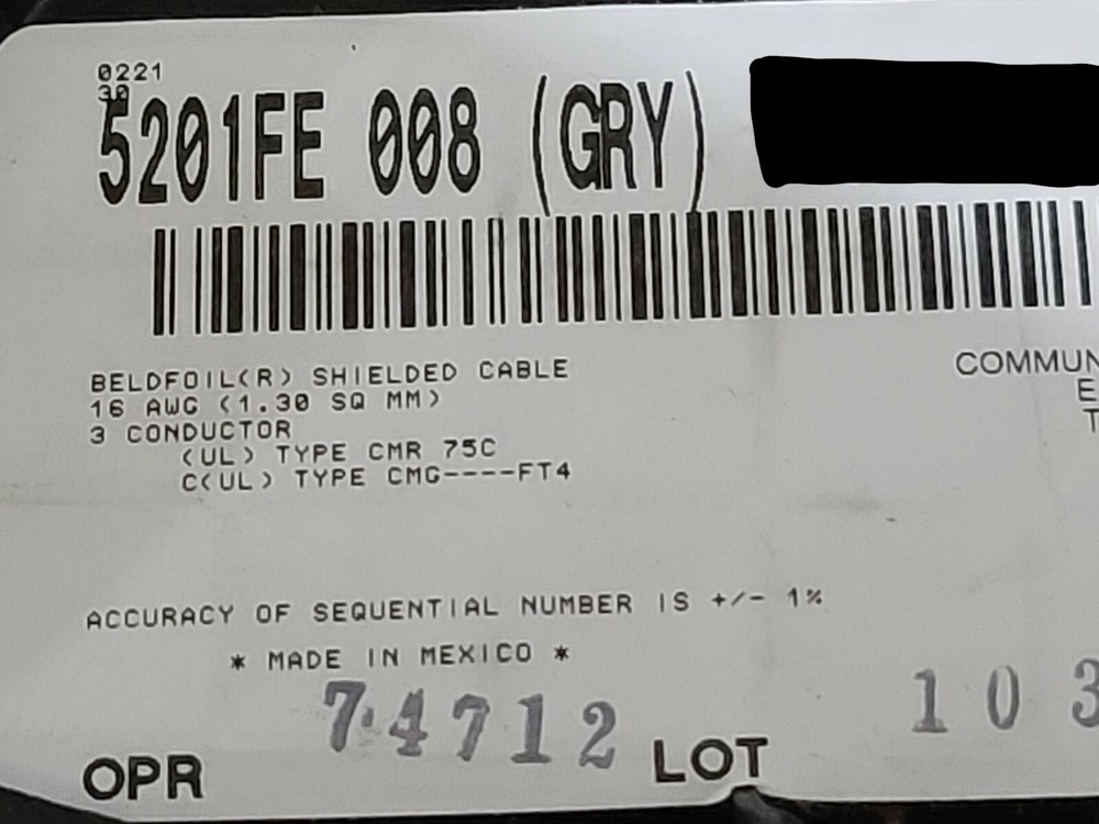 Belden Wire 5201FE 16/3C Shielded Audio/Security/Alarm Cable Riser Gray /50ft