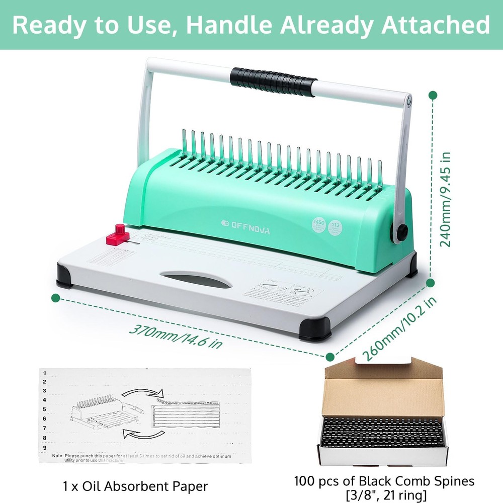 Binding Machine, 21-Hole 450 Sheets Paper Comb Binding Machine for Letter Siz...