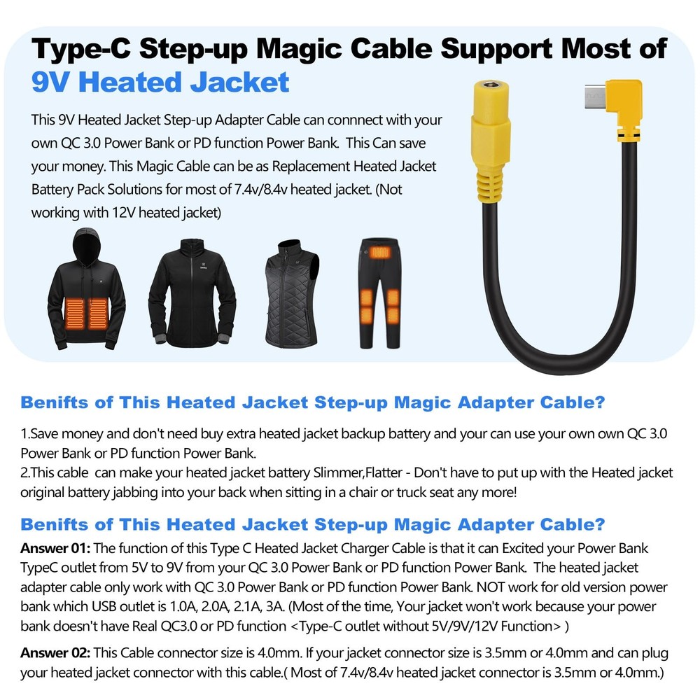 Smarkey 9V Heated Jacket Battery Step-Up Adapter Cable, Type-C Charger Cable...