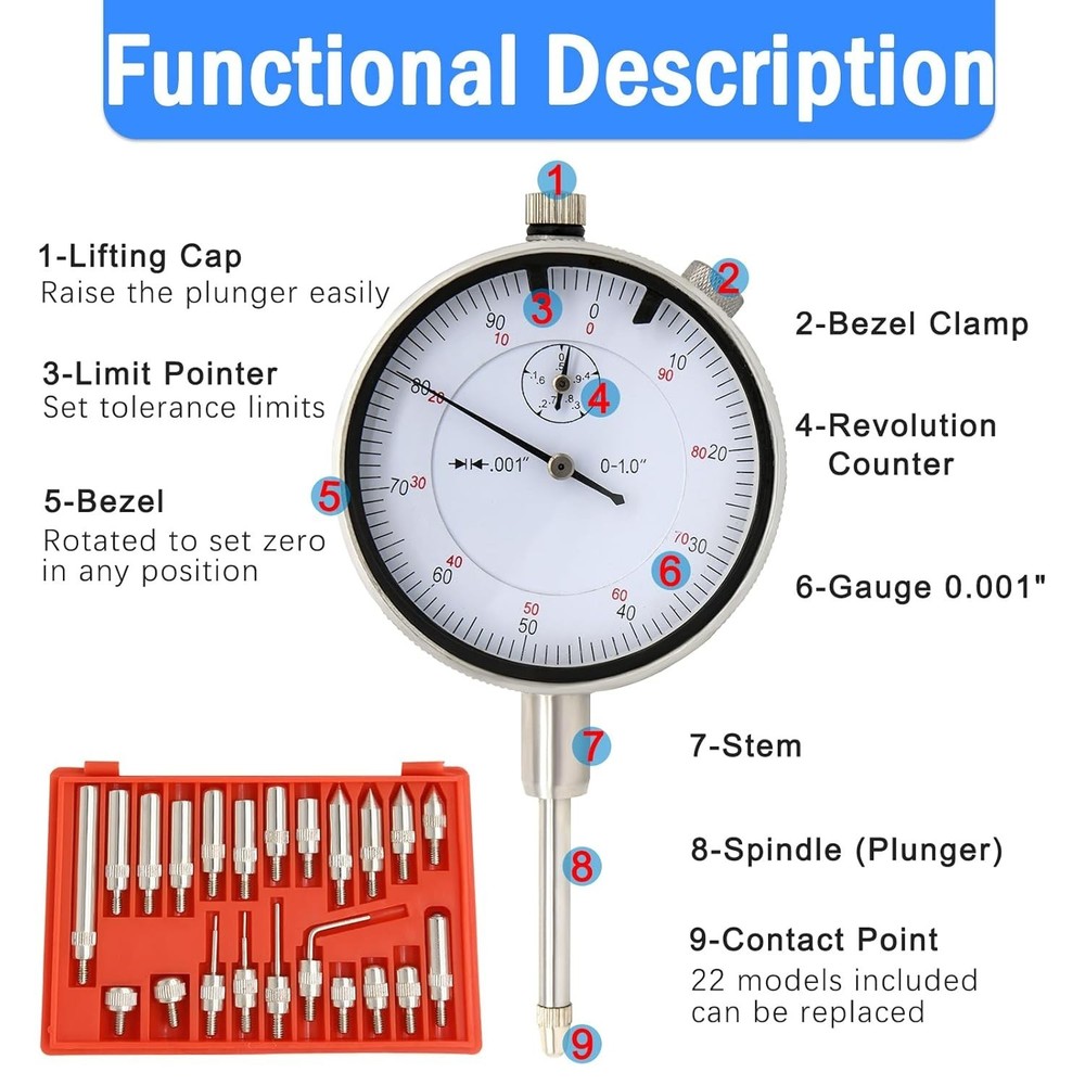 Dial Indicator with Magnetic Base and Point Precision Inspection Set, Dial I...