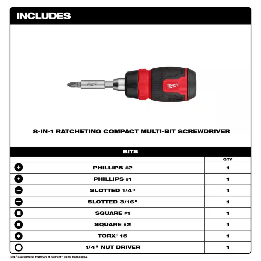 8-In-1 Ratcheting Compact Multi-Bit Screwdriver