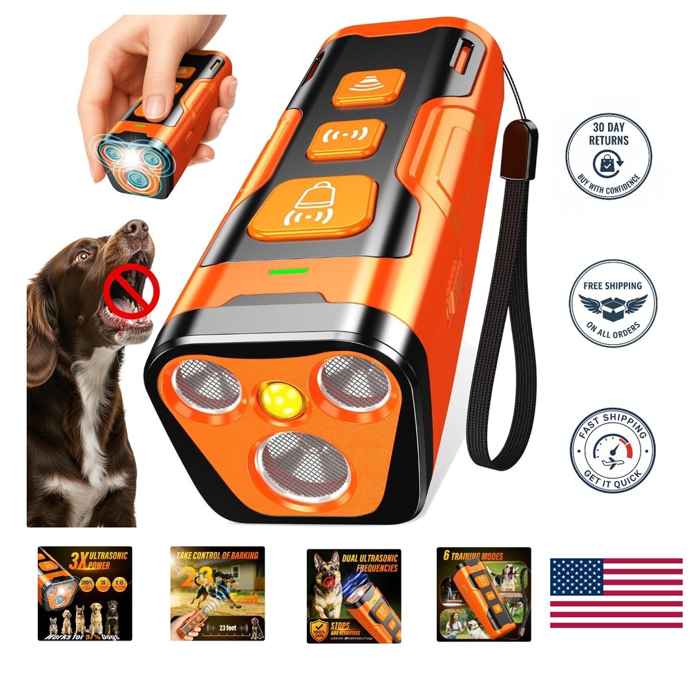 3X Ultrasonic Dog Bark Deterrent - 6 Modes, 23FT Range, Rechargeable & Compact