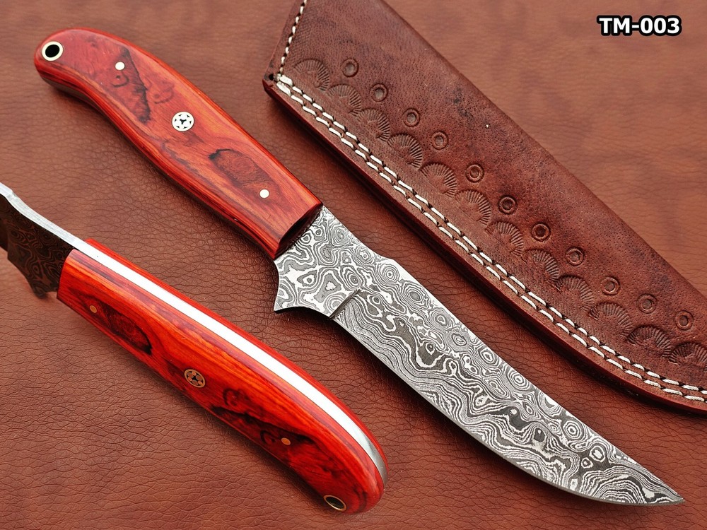 9" rain drop pattern Damascus steel blade skinning knife with sheath, Red wood
