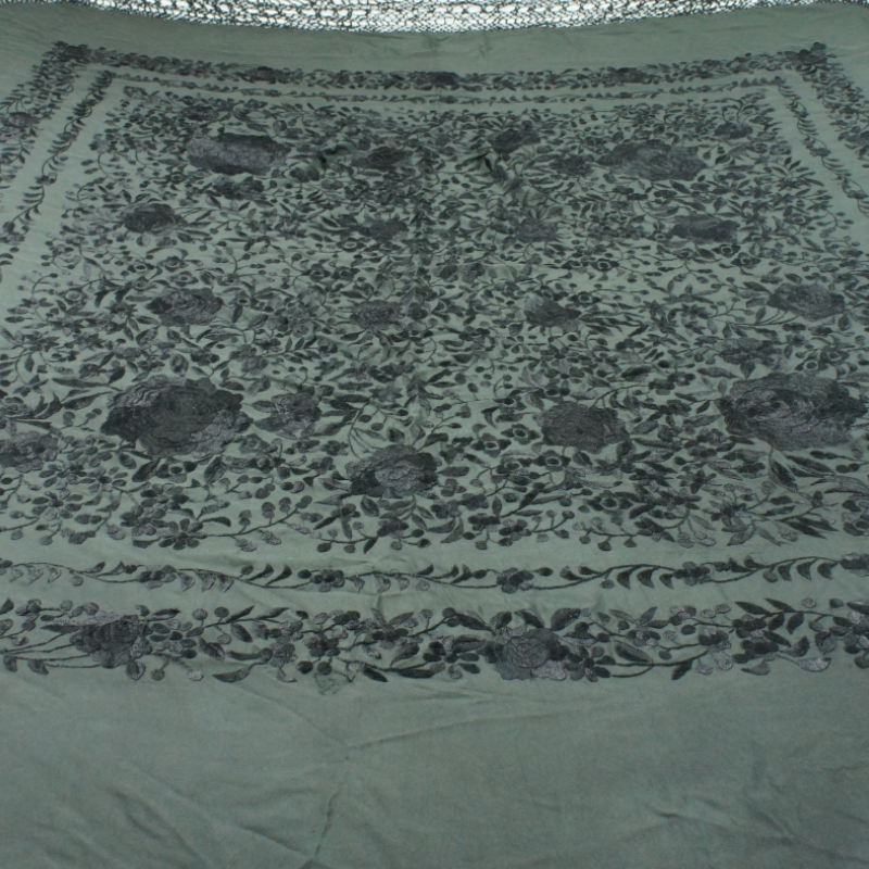 Antique Silk Shawl Wrap Piano Scarf HAND EMBROIDERED FLORAL WITH FRINGE 51"inch