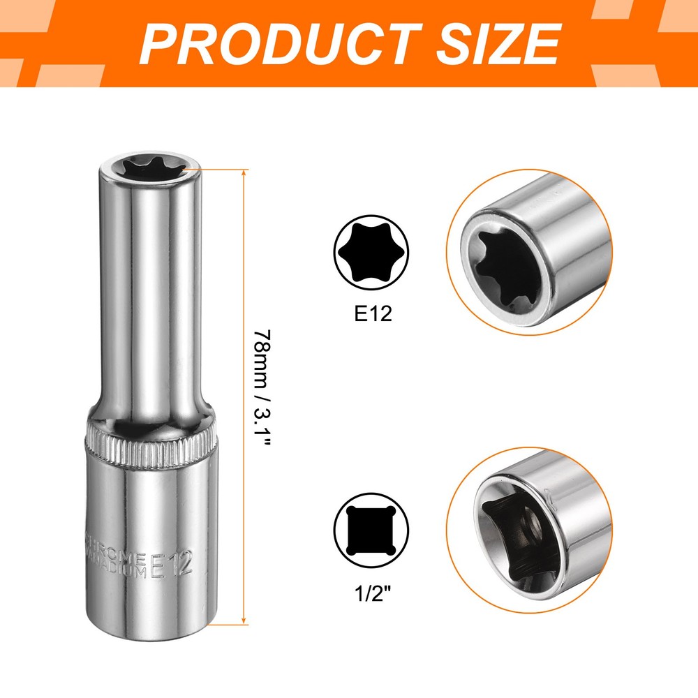E-Torx Socket 1/2" Drive E12 Star 3.1" Length 6 Point Spline Socket