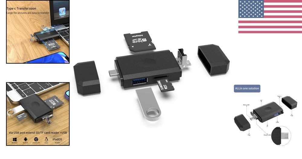 Portable 3-in-1 Micro USB to USB Type-C Memory Card Reader for All Formats