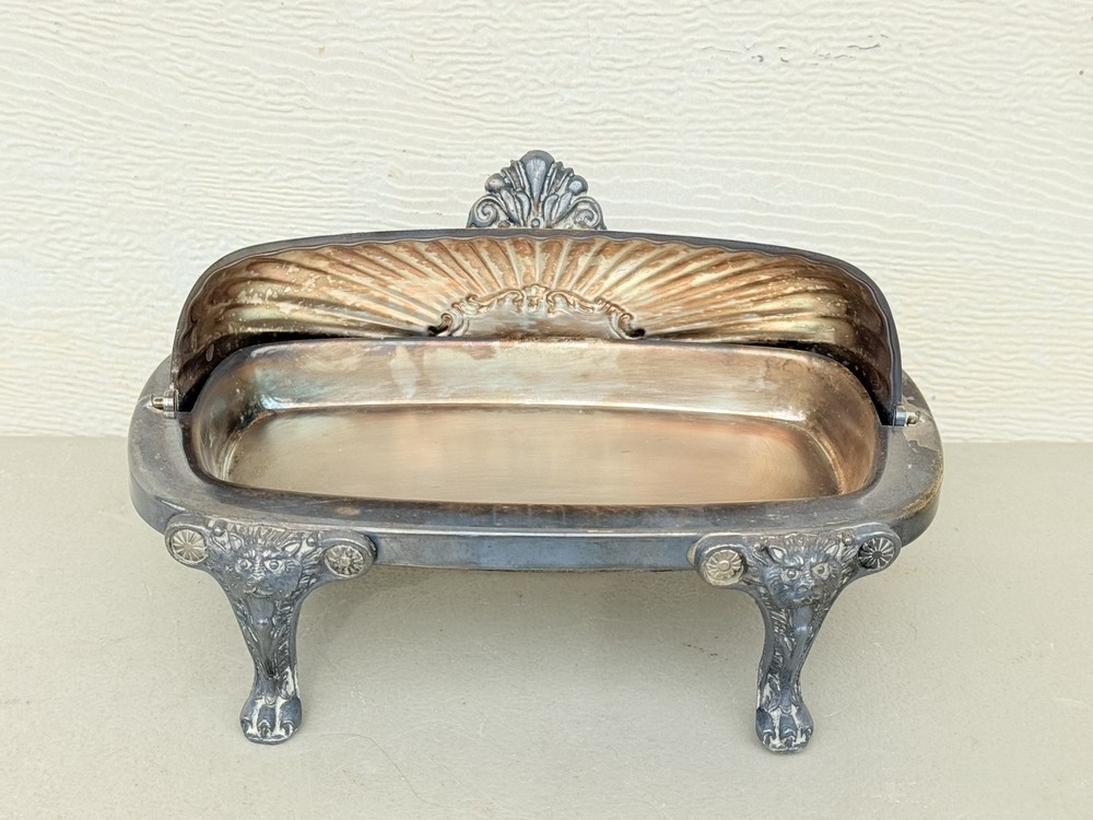 FB Rogers Silver Plated Roll Top Lion Head Claw Feet Covered Butter Dish
