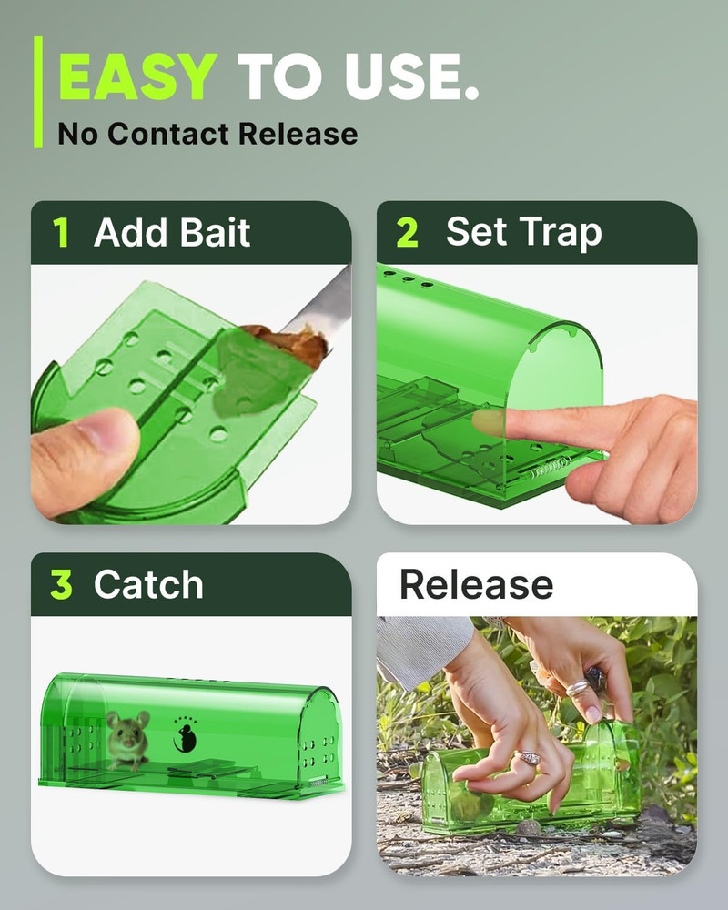 Humane Mouse Traps No Kill Live Catch and Release 4 Pack - Reusable, Easy to Use