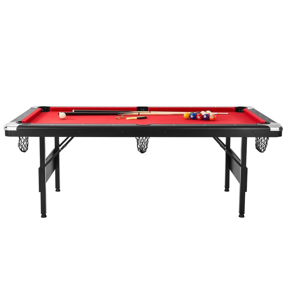 7ft Foldable Billiard Table MDF Top Iron Art Frame Adjustable Black Red Felt