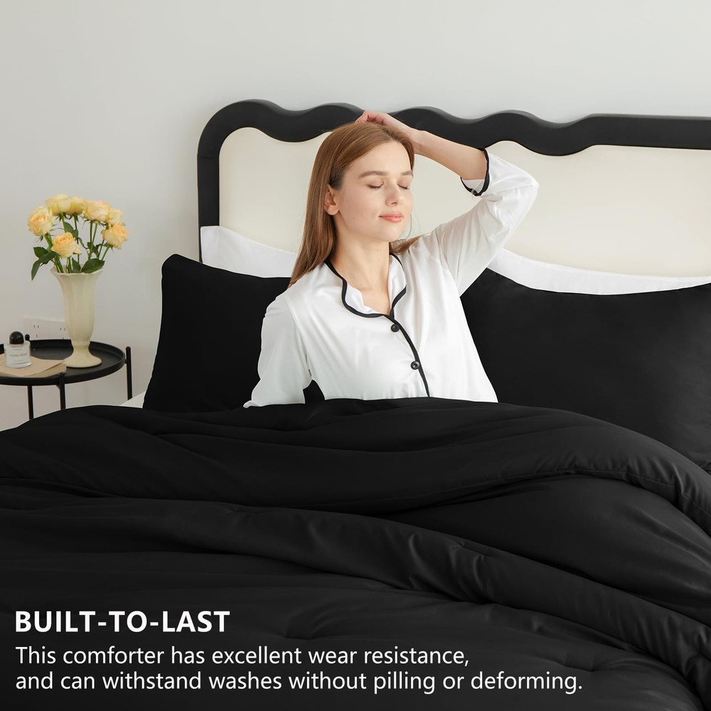 Queen Comforter Set Black, 3 Pieces Solid Comforters Queen Size Breathable Qu...