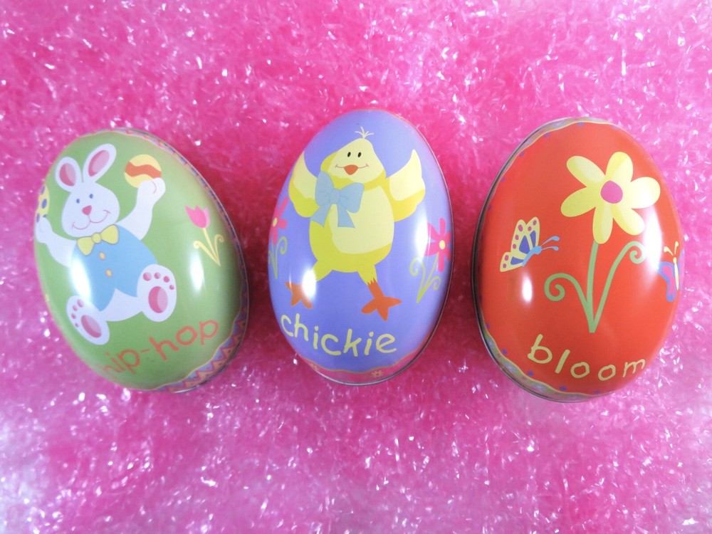 Tin Easter Eggs 3 Empty Candy Containers Spring Theme Hip-Hop Chickie Bloom