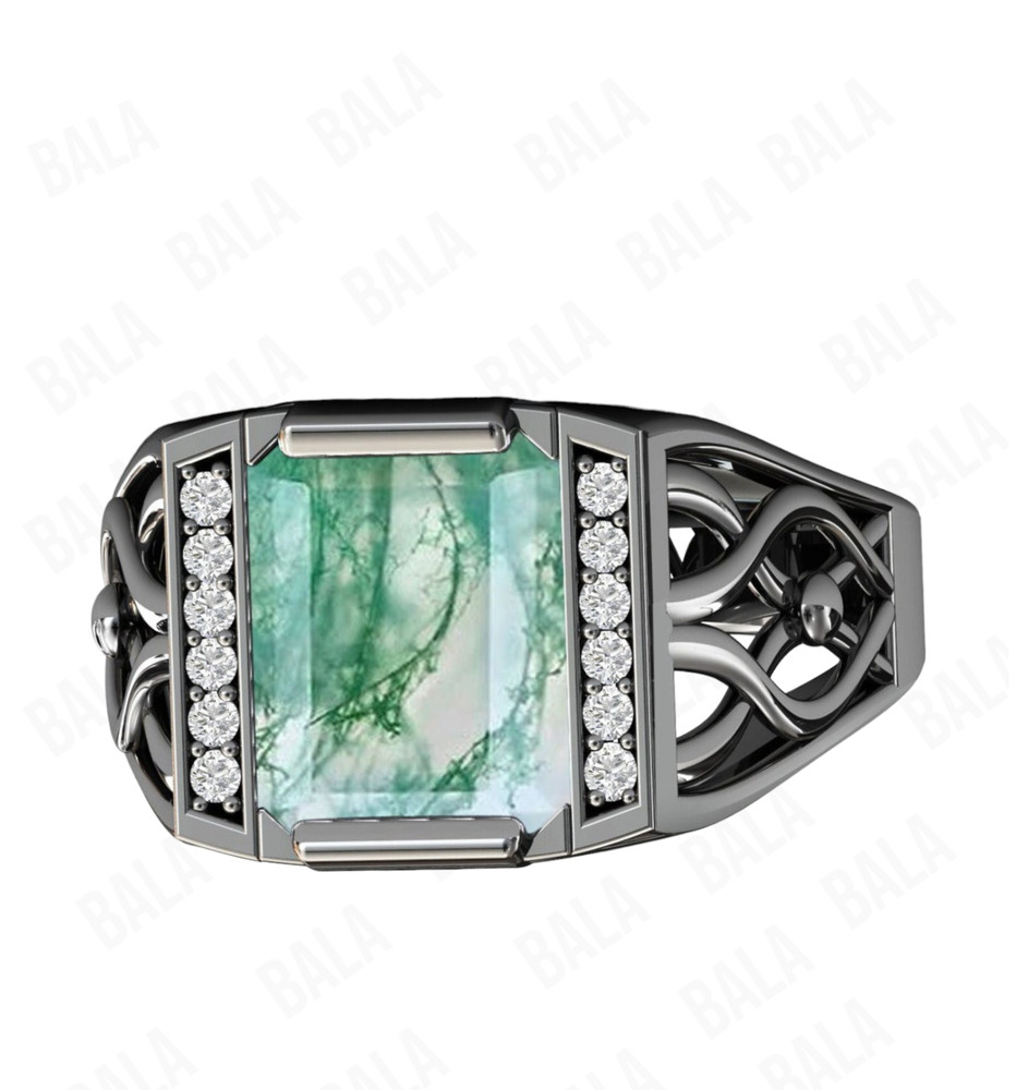 Handmade 925 Sterling Silver Moss Agate Ring, Rectangular Gothic Statement Ring
