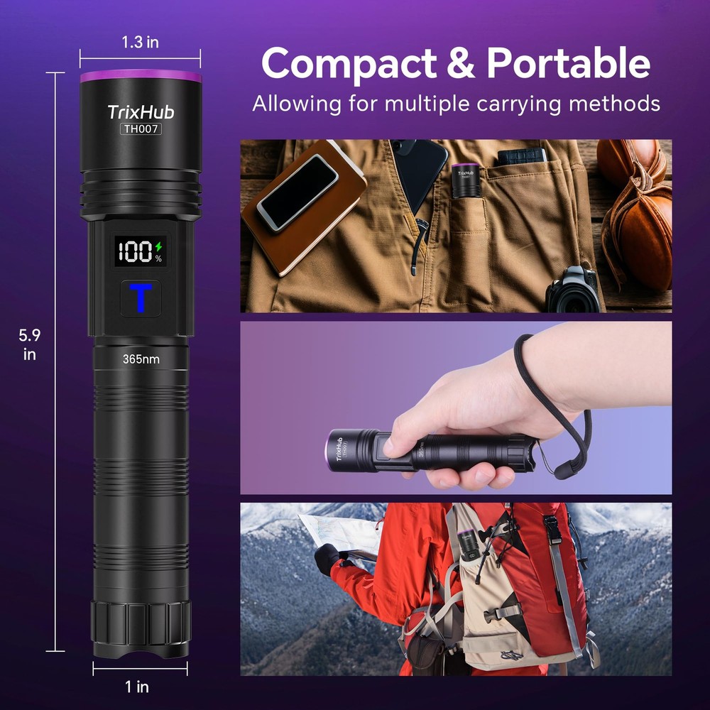 TrixHub 365nm Black Light Flashlight, UV Flashlight Rechargeable Small,