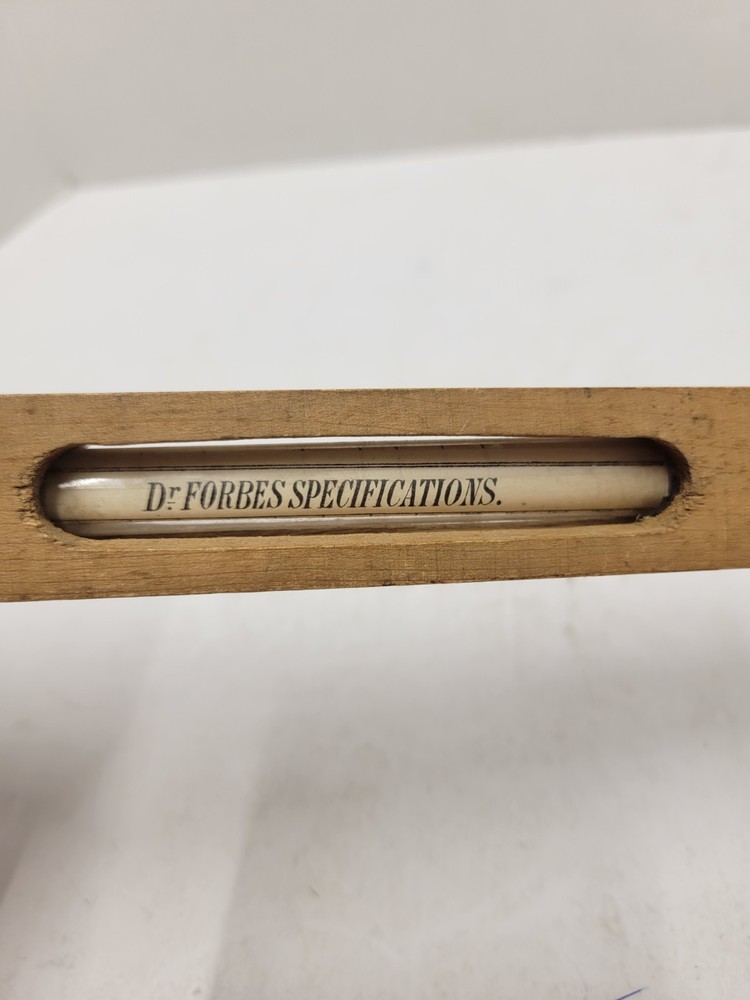 Dr Forbes Bath Thermometer in Wood Case with Specification Chart