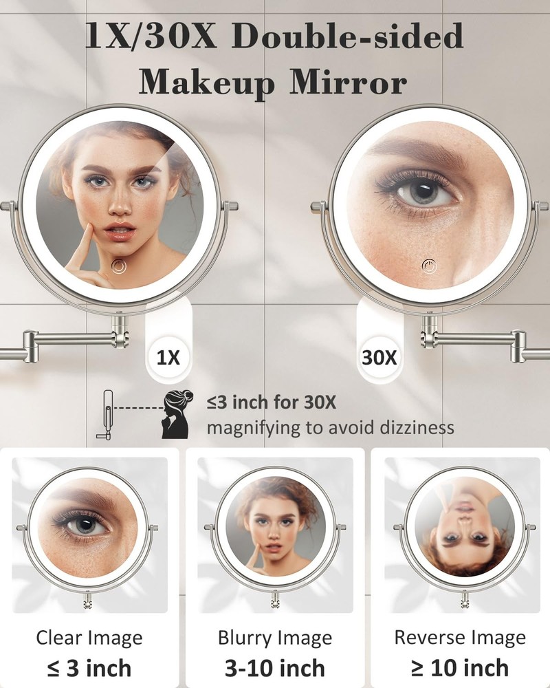 9'' 30X/1X Wall Mounted Lighted Makeup Mirror, Height Adjustable Double Sided...