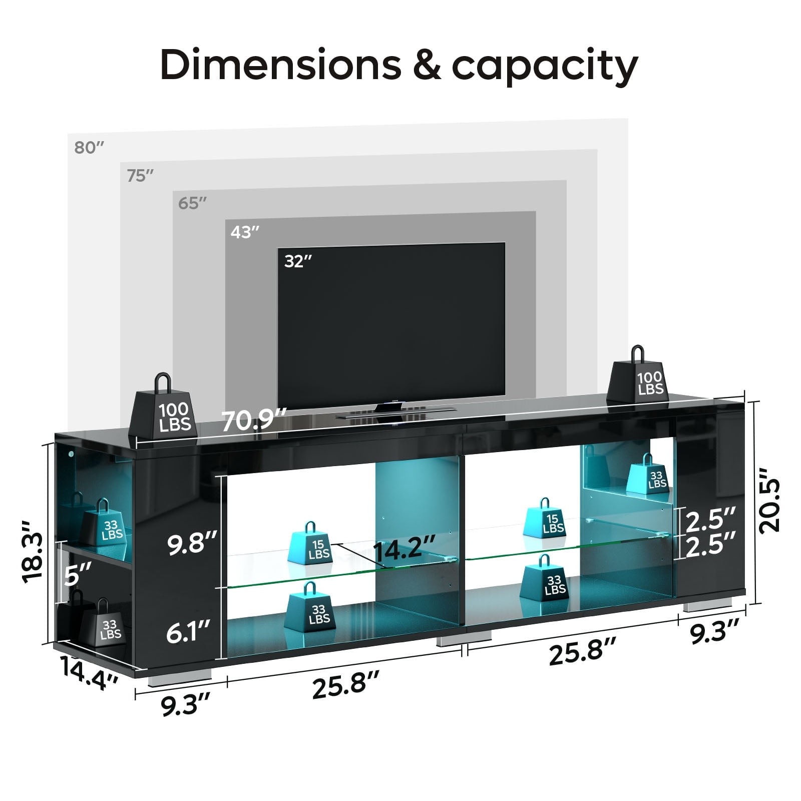 LED TV Stand for TVs up to 80" Gaming Entertainment Center w/ Shelves Black