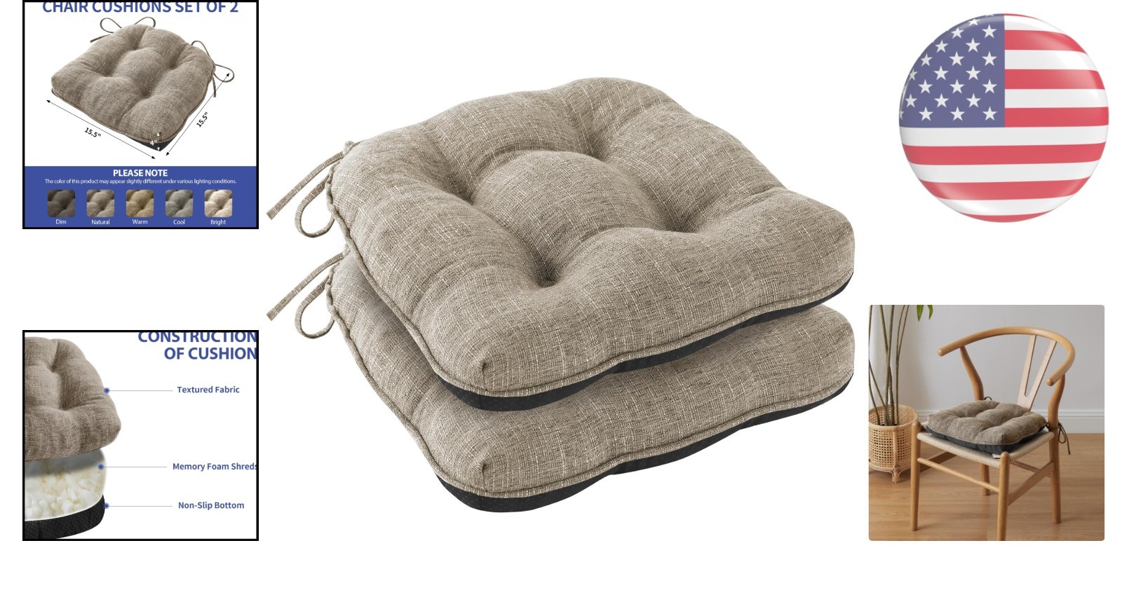 2-Pack Khaki Dining Chair Cushions - Ergonomic, Washable & Non-Slip Backing