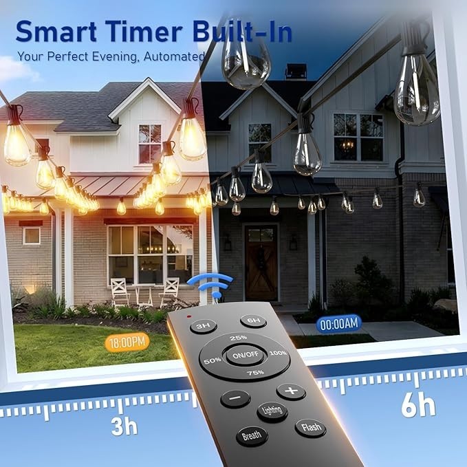 Outdoor String Lights 50FT with Shatterproof LED Bulbs Remote Control Dimmable