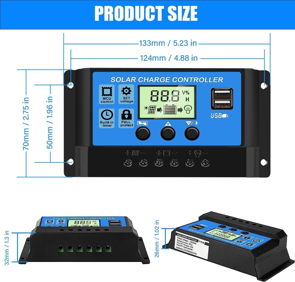 2pc 30A Solar Panel Battery Charge Controller 12V/24V LCD Regulator Dual USB