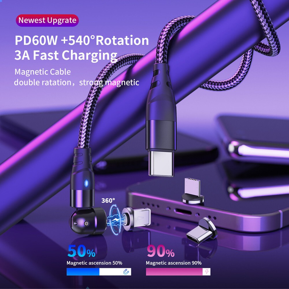540 Rotate Magnetic Cable PD 60W USB C to Type C Micro USB Data Sync Fast Charge