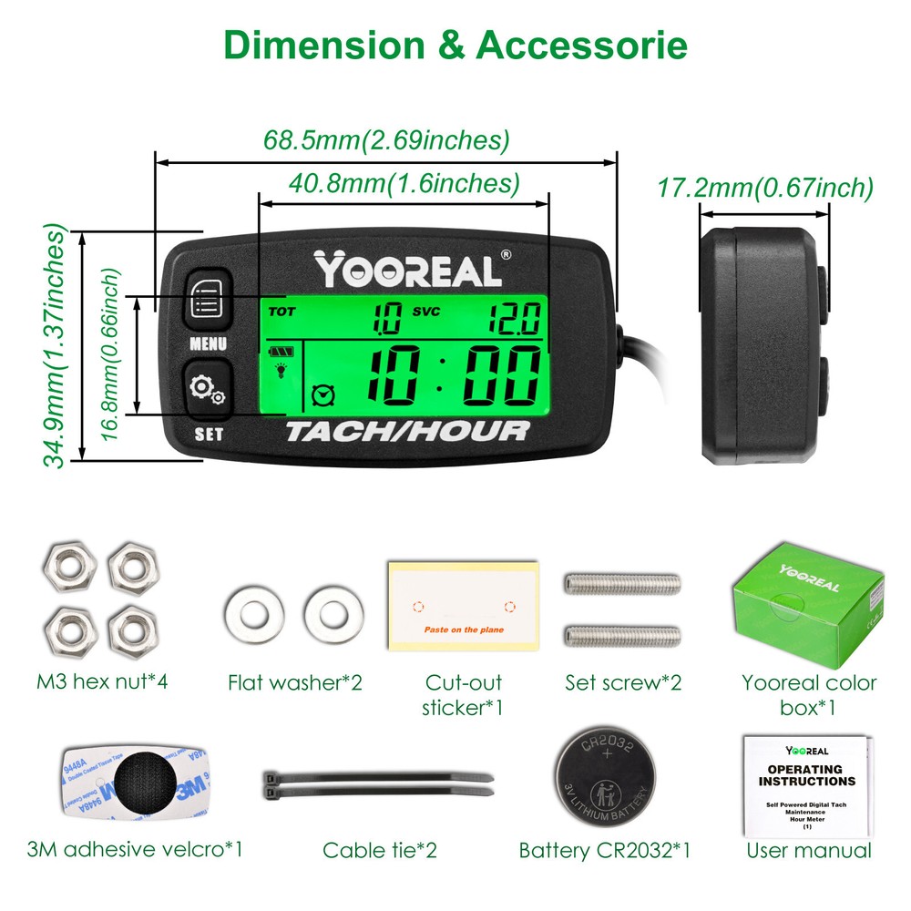 Yooreal Digital Hour Meter,Tachometer Maintenance Reminders