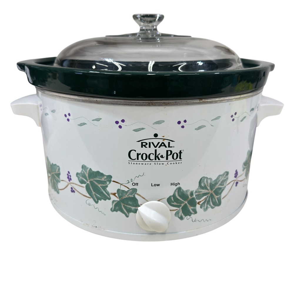 Vintage Rival Crock-Pot Slow Cooker Model 3355 White Green Grape Vine Pattern
