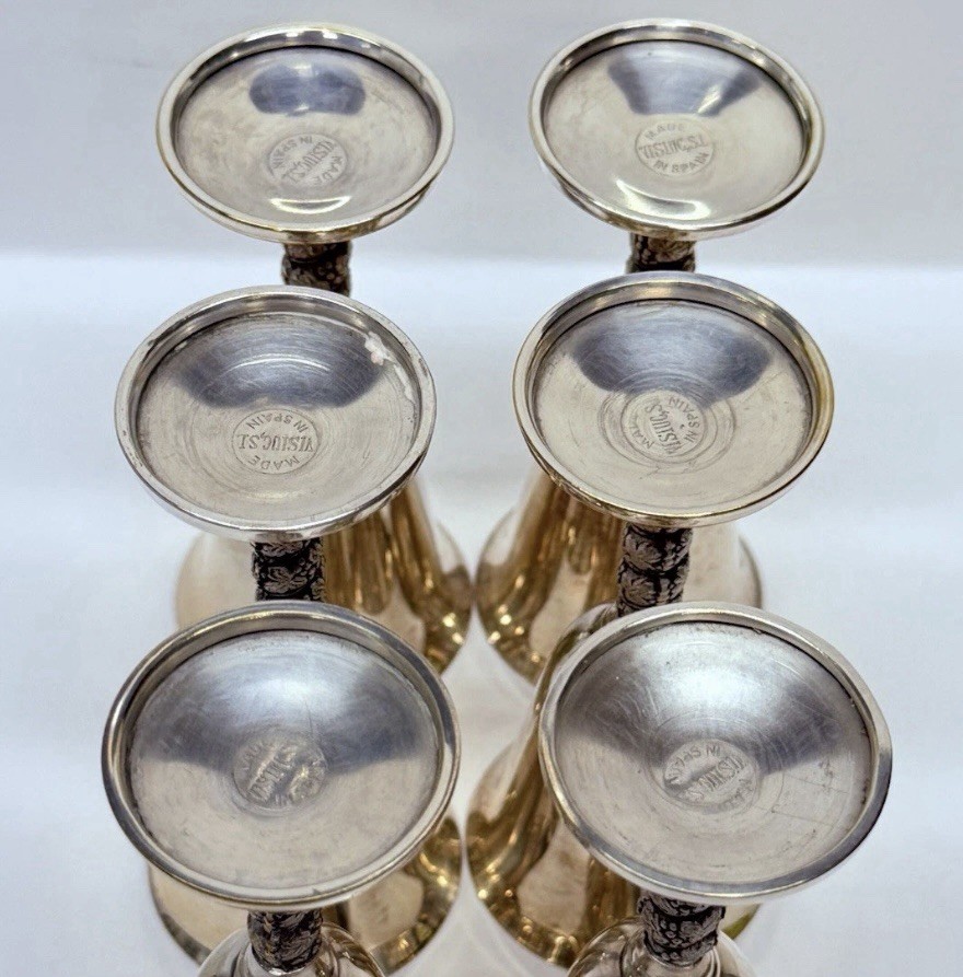 6 Silver Plate 4” GOBLETS Grapevine Stem Stamped: MADE IN SPAIN Visiuc, S. L.