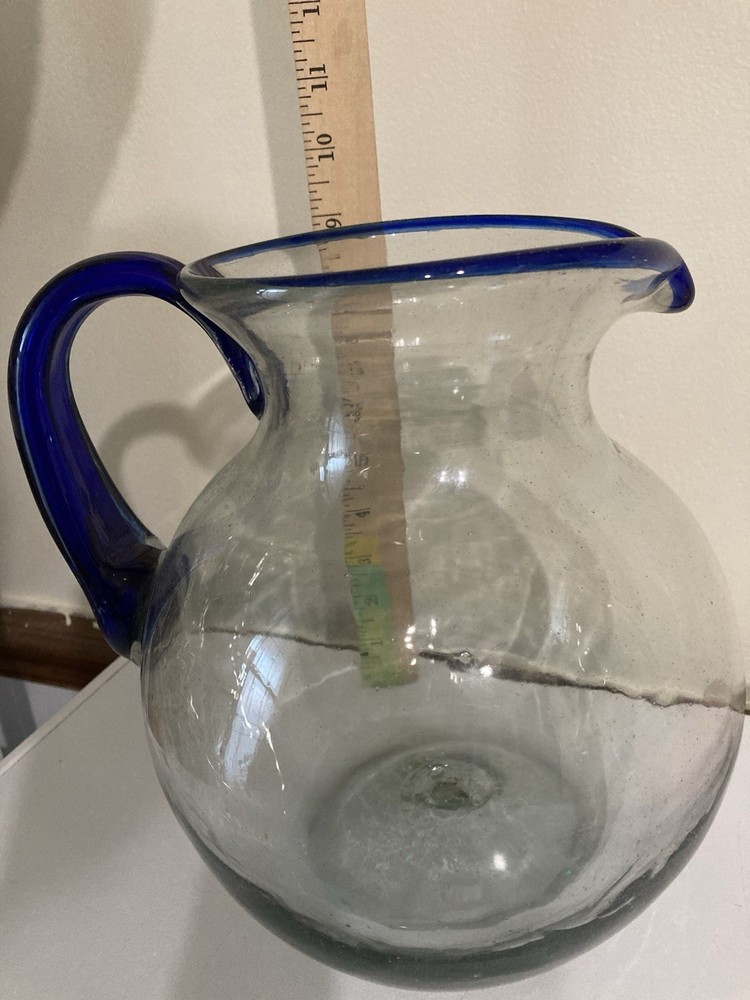 Baja Pitcher Clear Cobalt Rim Hand Blown