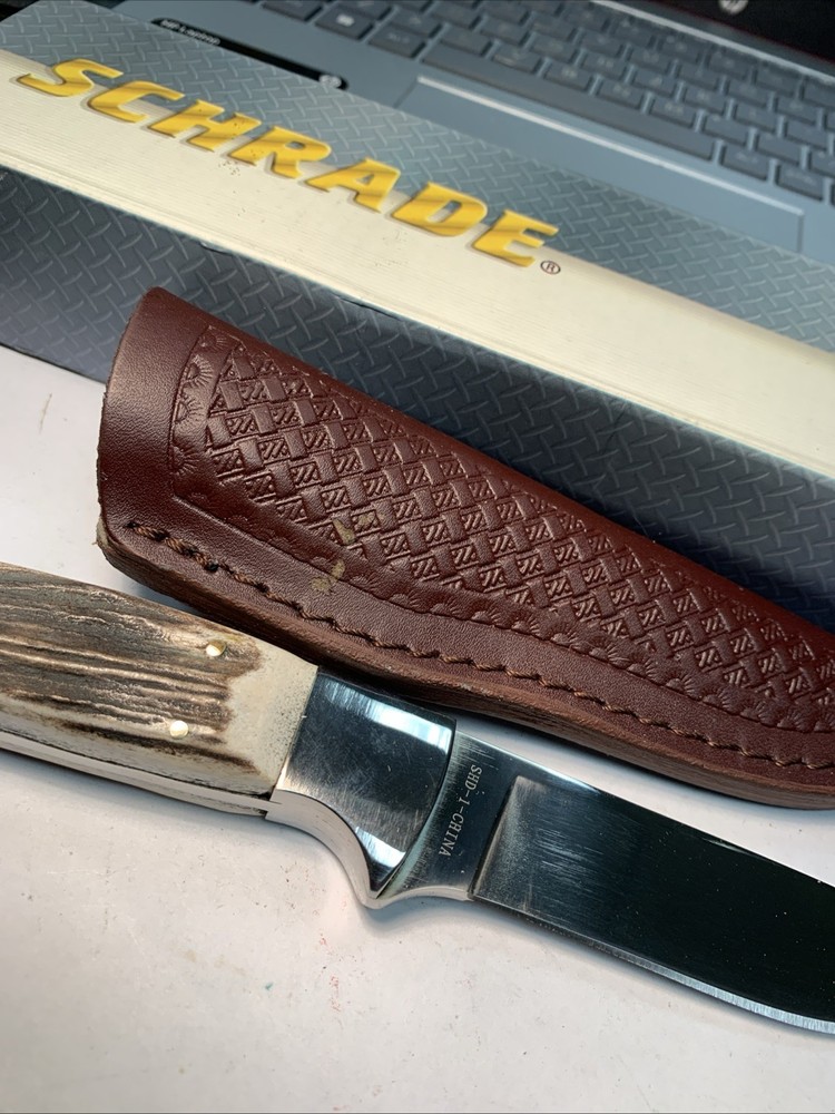 Schrade Custom Fixed Blade Knife with STAG handle &Leather Embossed Sheath SHD1