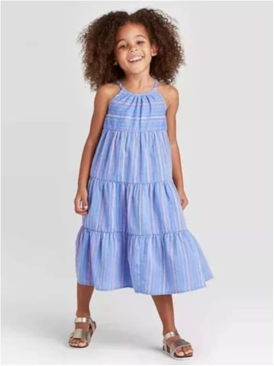 Cat & Jack Girls Chambray Striped Tiered Maxi Dress 5T New
