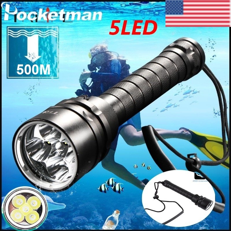 500M Diving Flashlight Torch 5LED UnderWater Depth Scuba Diving Torch US