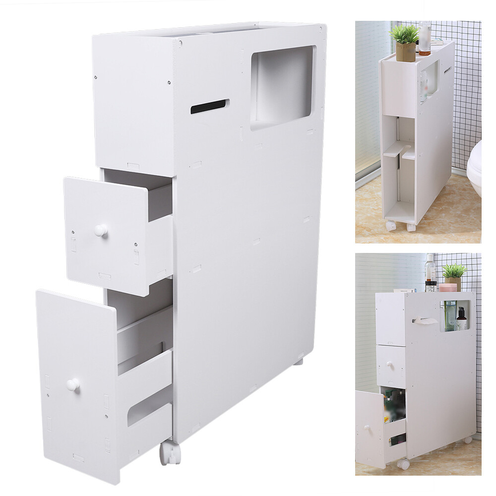 Slim Bathroom Storage Cabinet Floor Standing Toilet White Narrow Cupboard Shelf