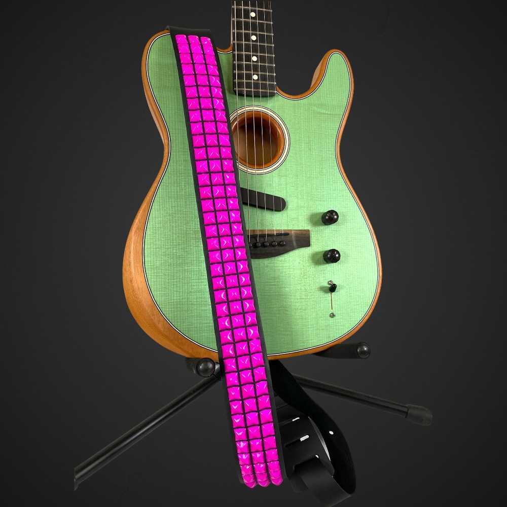 Pink Stud USA MADE Top Grain Leather Guitar Strap w/Studs 1/2' Neon Pyramid