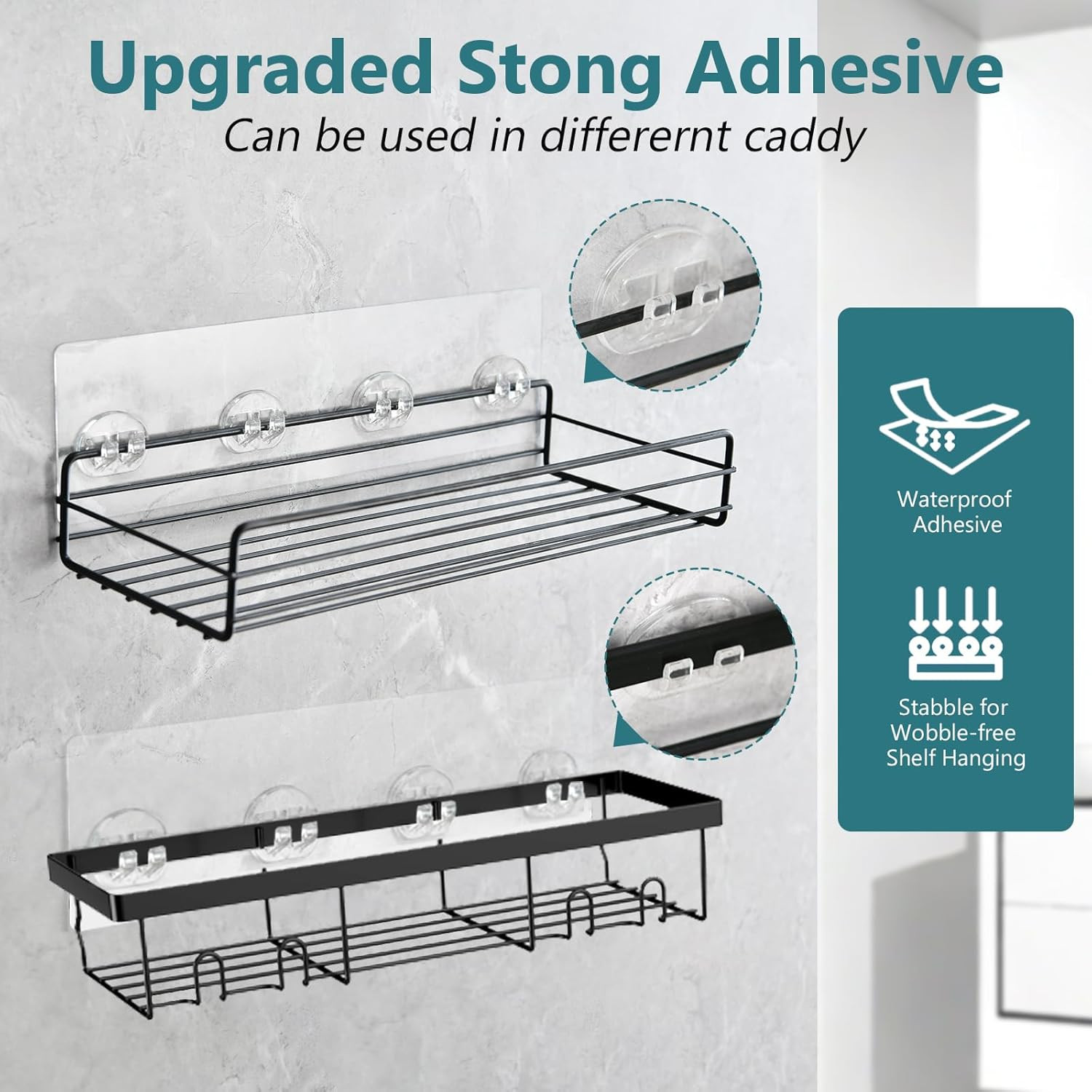 4 Pack Shower Caddy Adhesive Replacement, Strong Shower Shelf Adhesive Hooks for