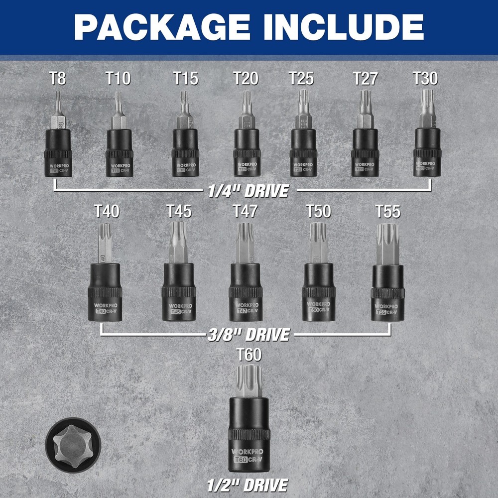 WORKPRO 13PC Torx Bit Socket Set 1/4" 3/8" 1/2" Drive T8-T60 Torx Bit Socket Set