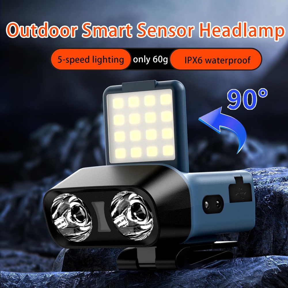 LED Headlamp Flashlight 1200LM Head Lights for Forehead USB Rechargeable Blue